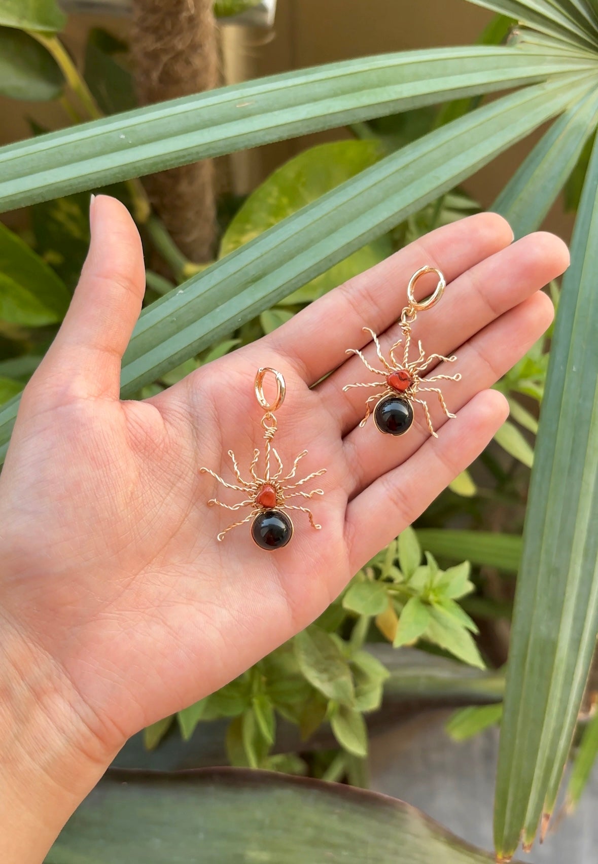 Obsidian x Red Jasper Spider Huggie Earrings