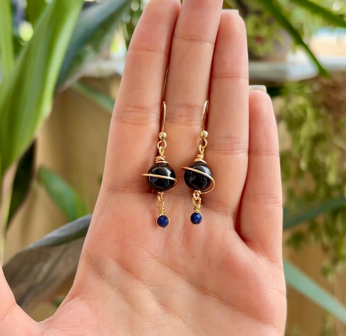 Black Obsidian x Lapis Lazuli Planet Earrings